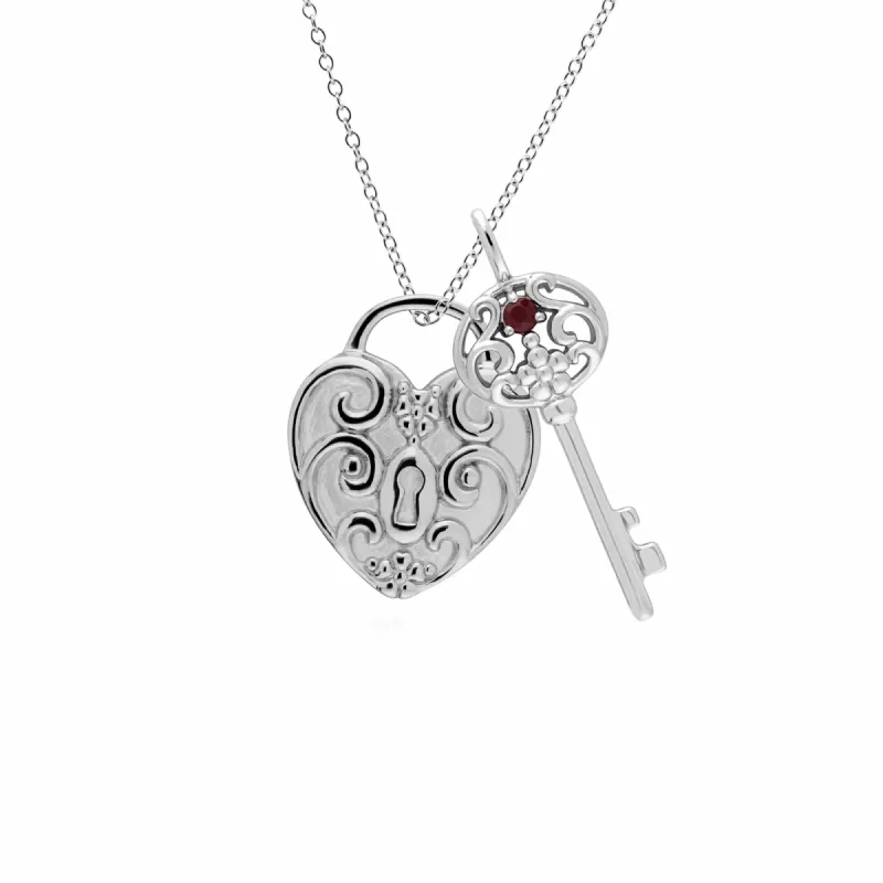 Classic Swirl Heart Lock Pendant & Ruby Big Key Charm in 925 Sterling Silver sold by Gemondo Jewellery