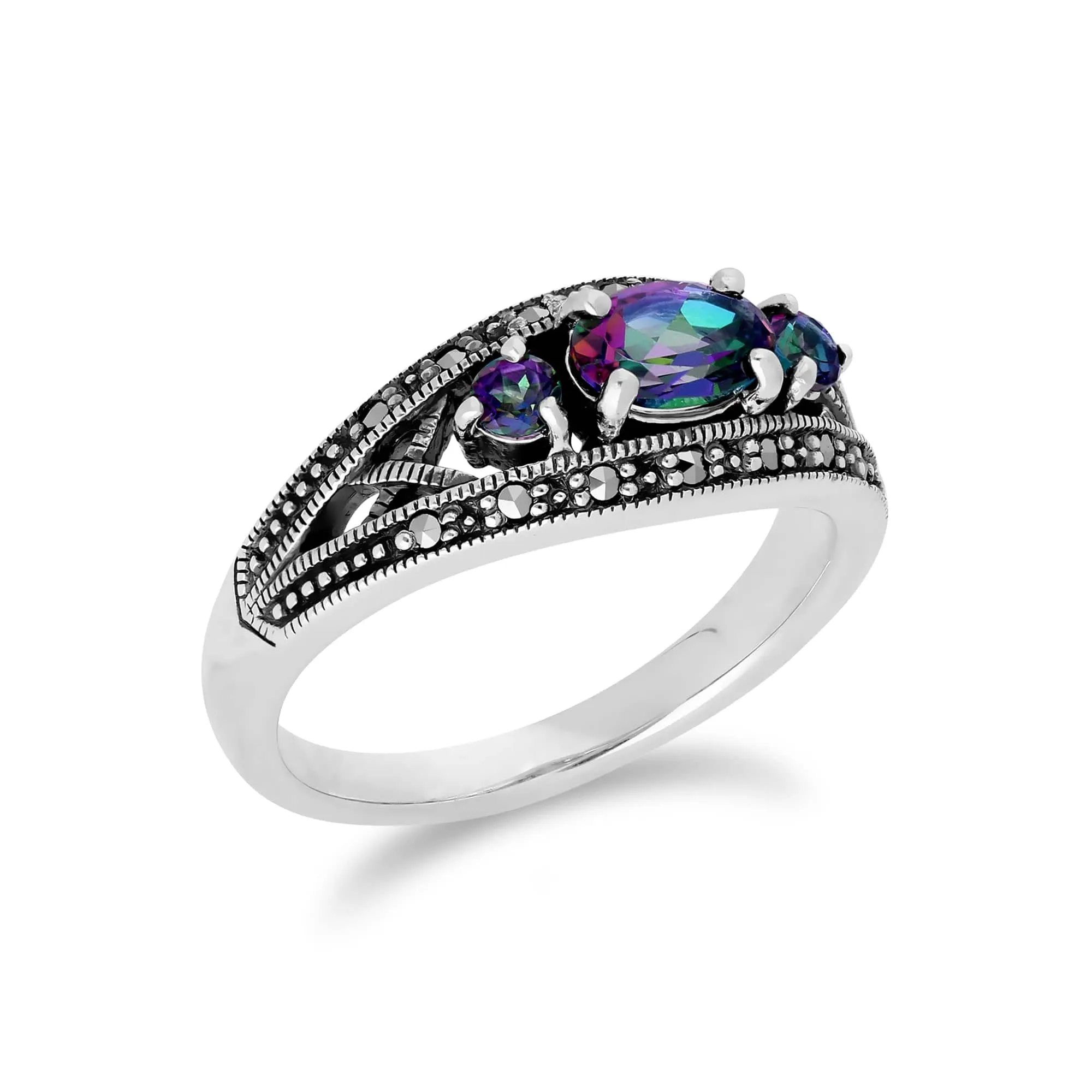 Art Deco Style Oval Mystic Topaz & Marcasite Three Stone Ring in 925 Sterling Silver sold by Gemondo Jewellery product image thumbnail 2