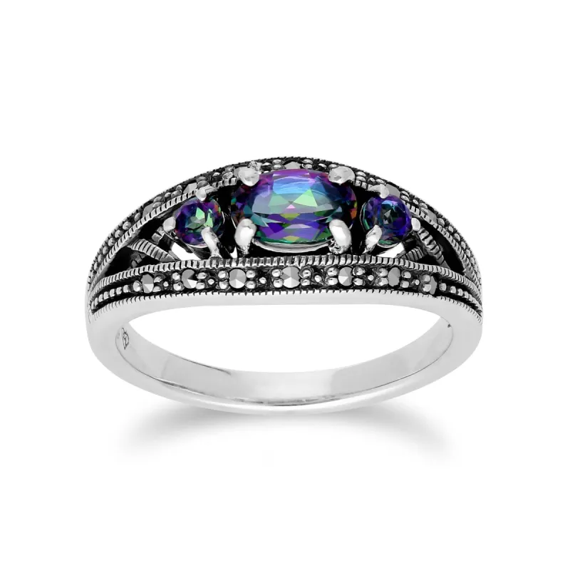Art Deco Style Oval Mystic Topaz & Marcasite Three Stone Ring in 925 Sterling Silver sold by Gemondo Jewellery