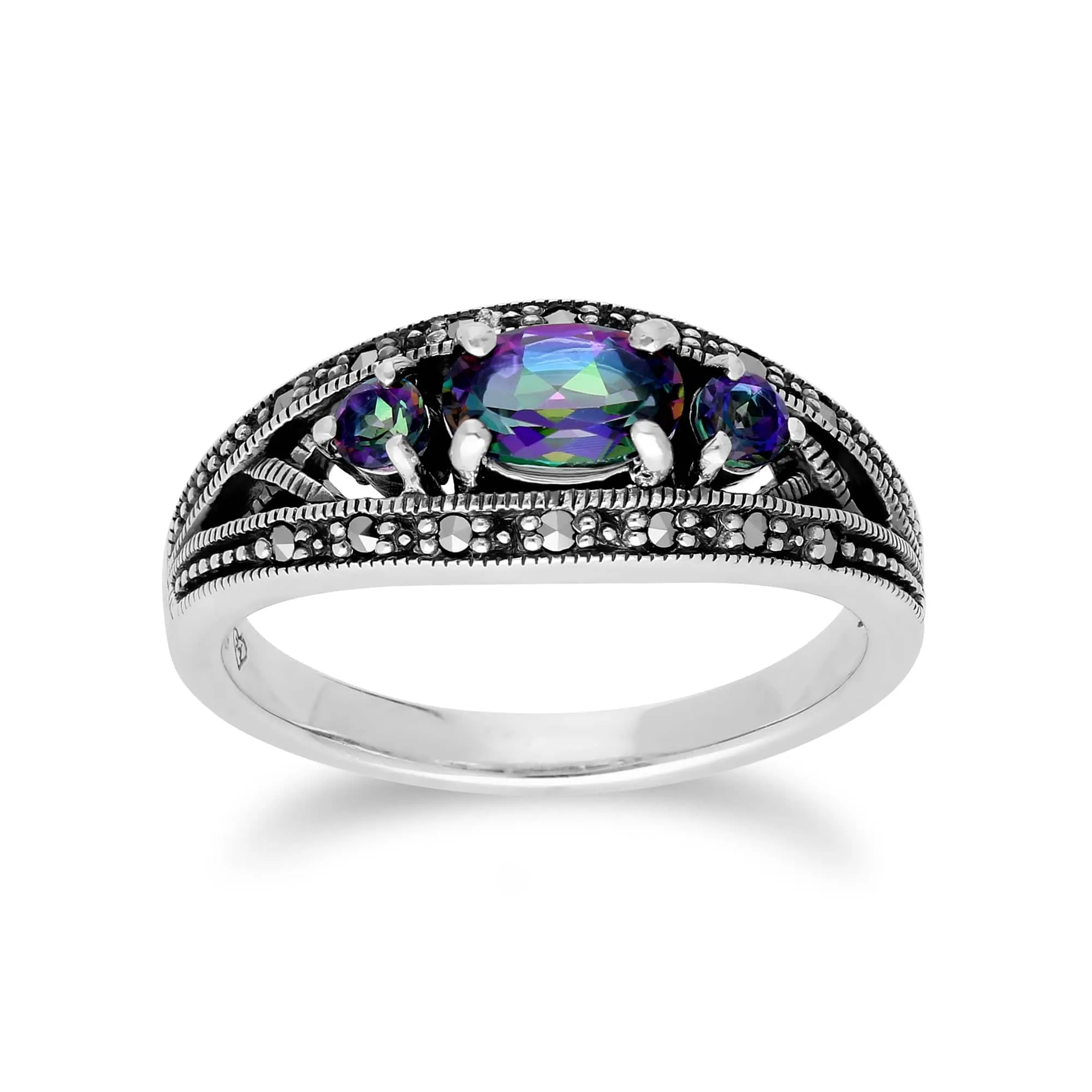 Art Deco Style Oval Mystic Topaz & Marcasite Three Stone Ring in 925 Sterling Silver sold by Gemondo Jewellery