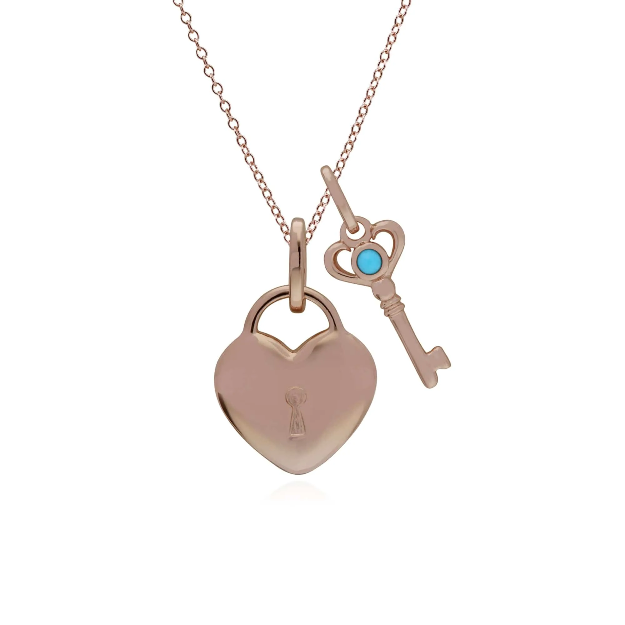Classic Heart Lock Pendant & Turquoise Key Charm in Rose Gold Plated 925 Sterling Silver sold by Gemondo Jewellery