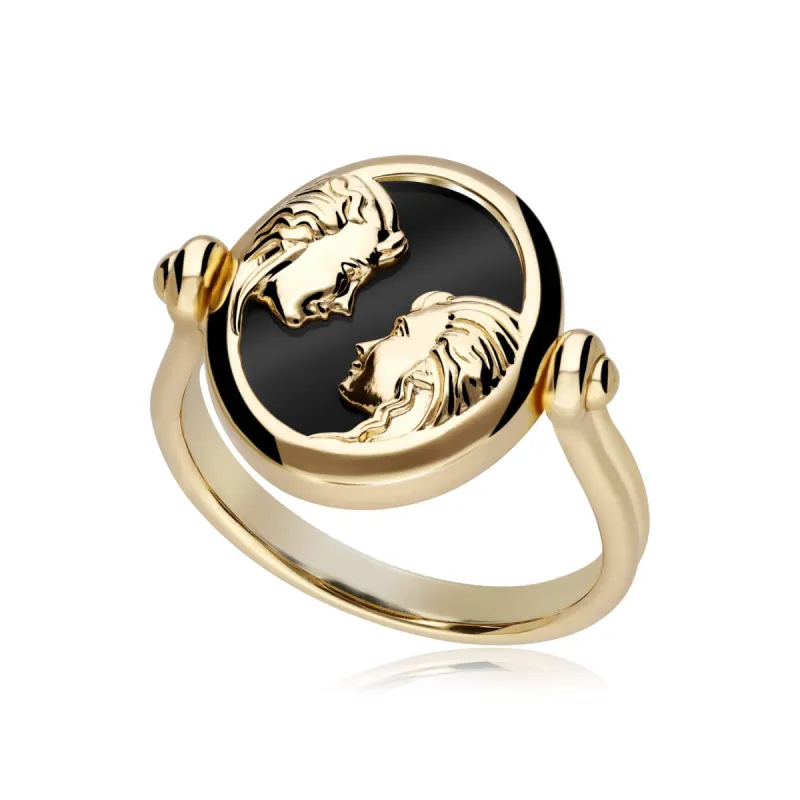 Zodiac Black Onyx Gemini Flip Ring in 18ct Gold Plated Silver sold by Gemondo Jewellery