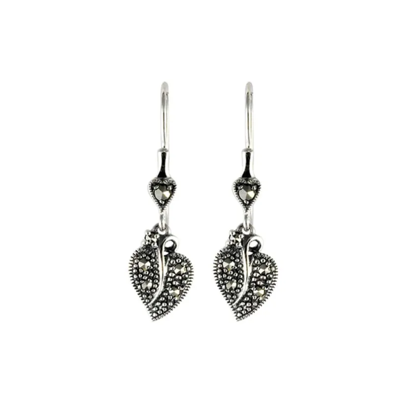 Art Nouveau Style Round Marcasite Leaf Drop Earrings in 925 Sterling Silver sold by Gemondo Jewellery