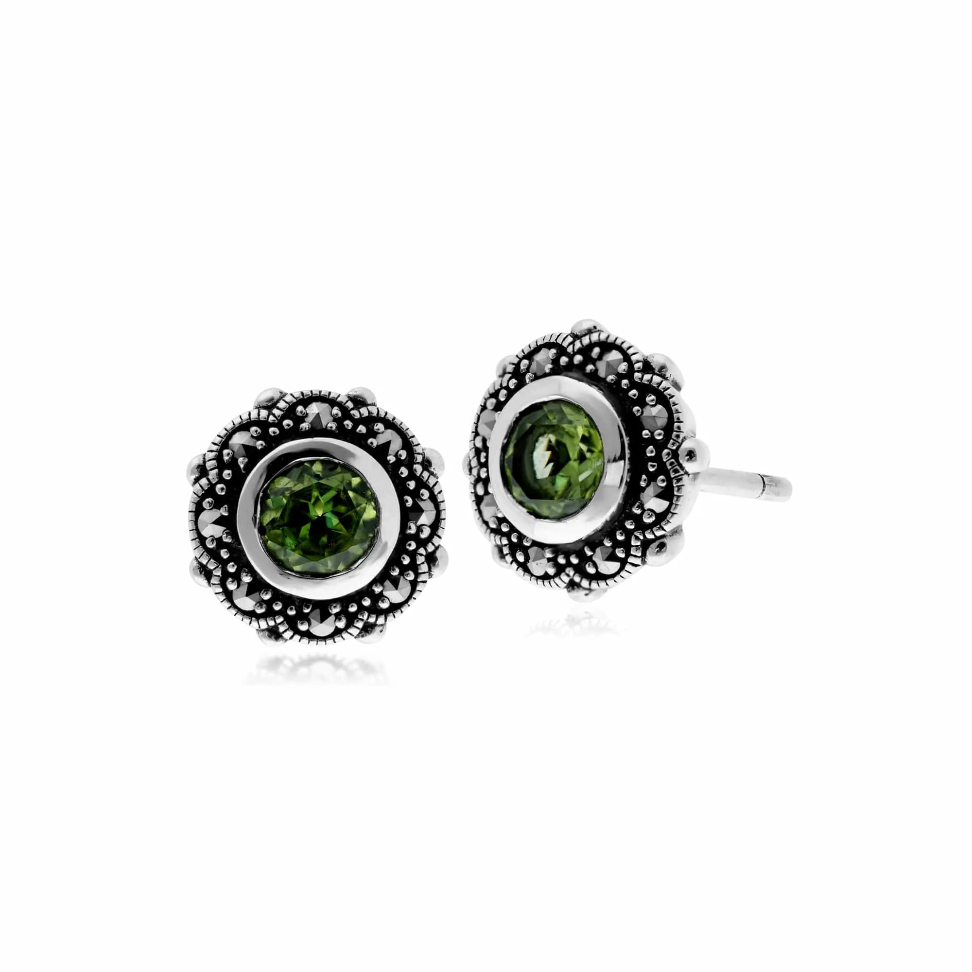 Gemondo Sterling Silver Peridot & Marcasite Art Nouveau Stud Floral Earrings sold by Gemondo Jewellery