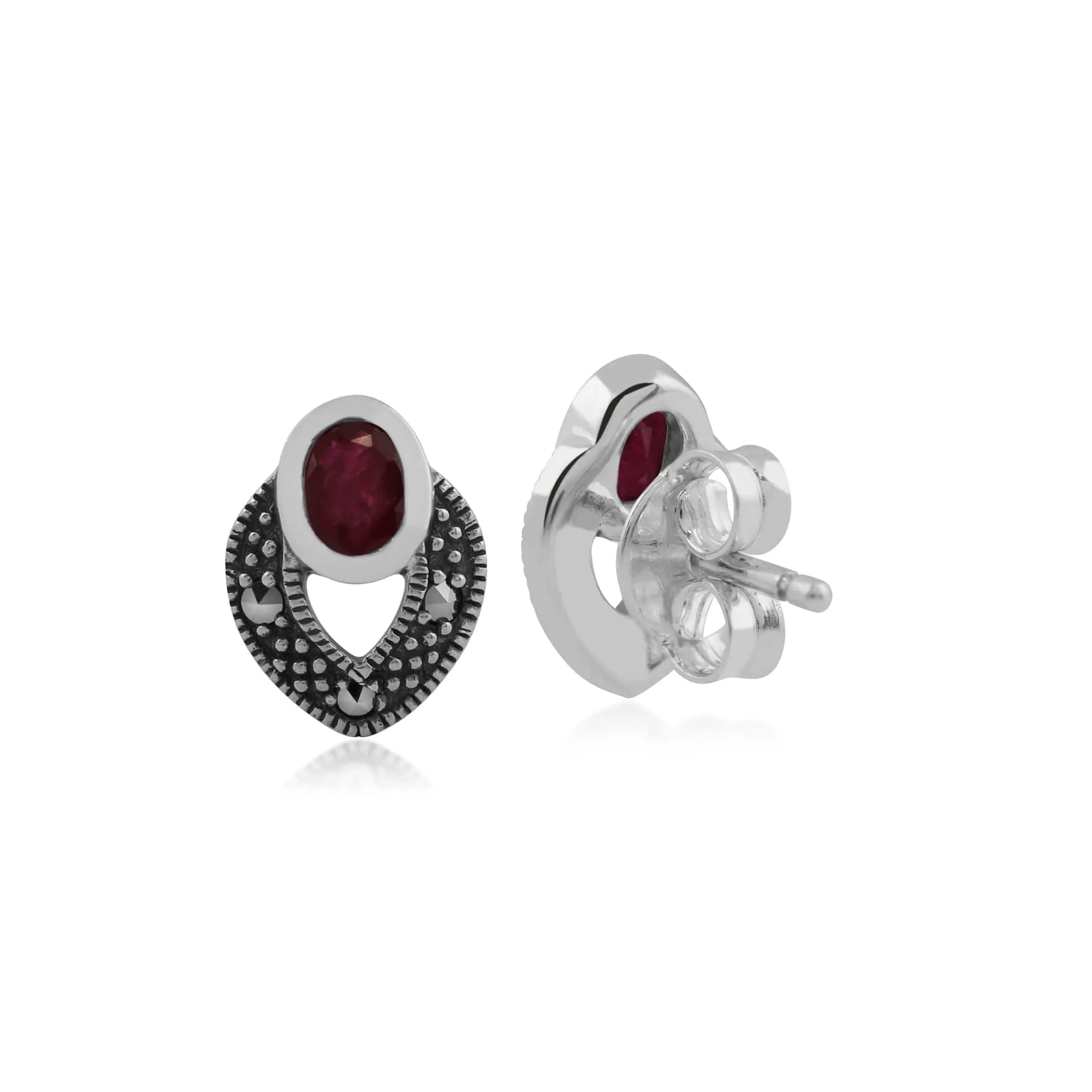 Art Deco Style Oval Ruby & Marcasite Stud Earrings in 925 Sterling Silver sold by Gemondo Jewellery product image thumbnail 2