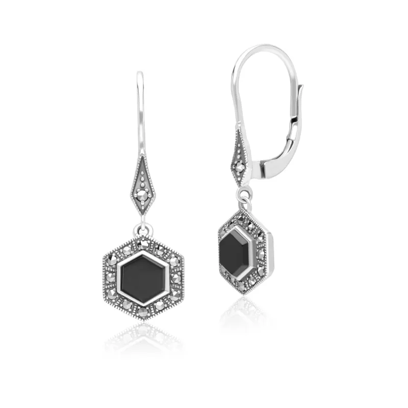 Art Deco Style Hexagon Onyx and Marcasite Drop Earrings in Sterling Silver sold by Gemondo Jewellery