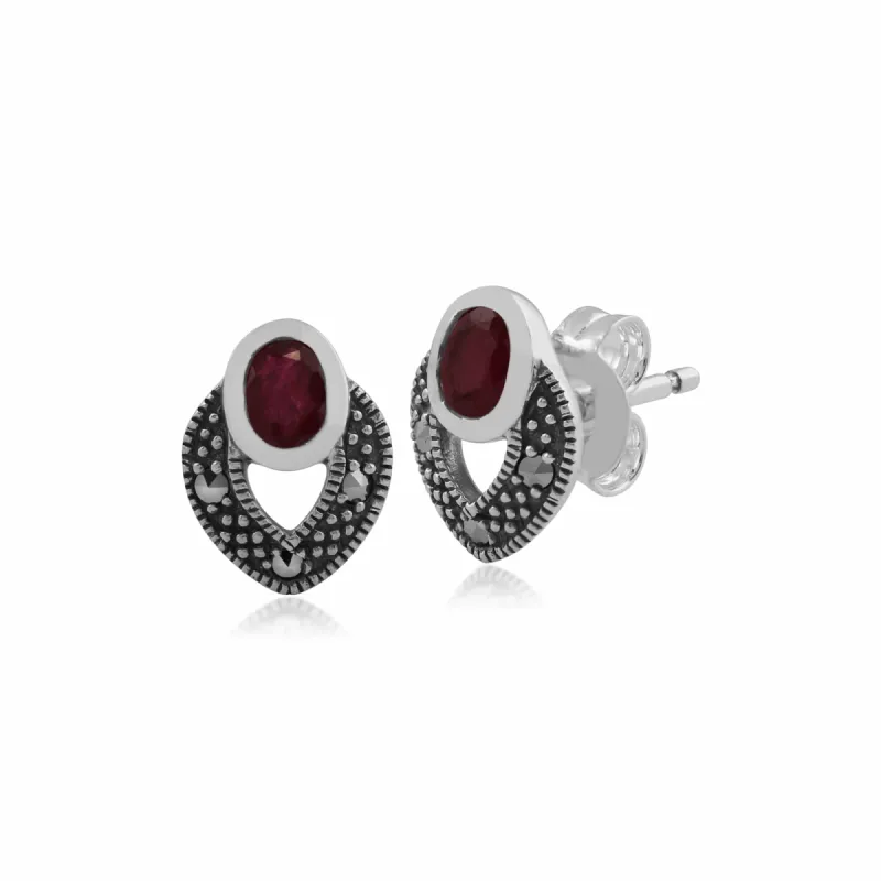 Art Deco Style Oval Ruby & Marcasite Stud Earrings in 925 Sterling Silver sold by Gemondo Jewellery