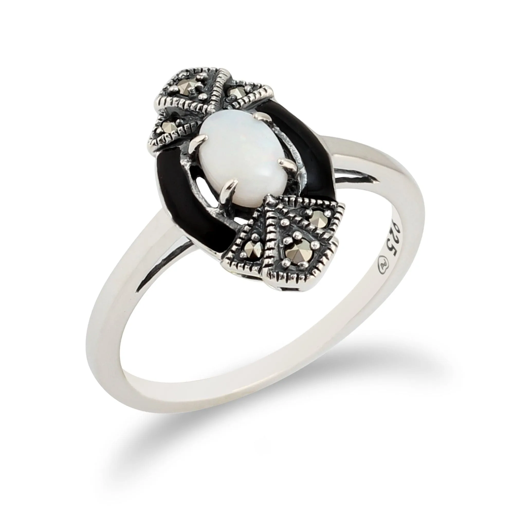 Art Deco Style Oval Opal, Marcasite & Black Enamel Marquise Ring In Sterling Silver sold by Gemondo Jewellery product image thumbnail 4