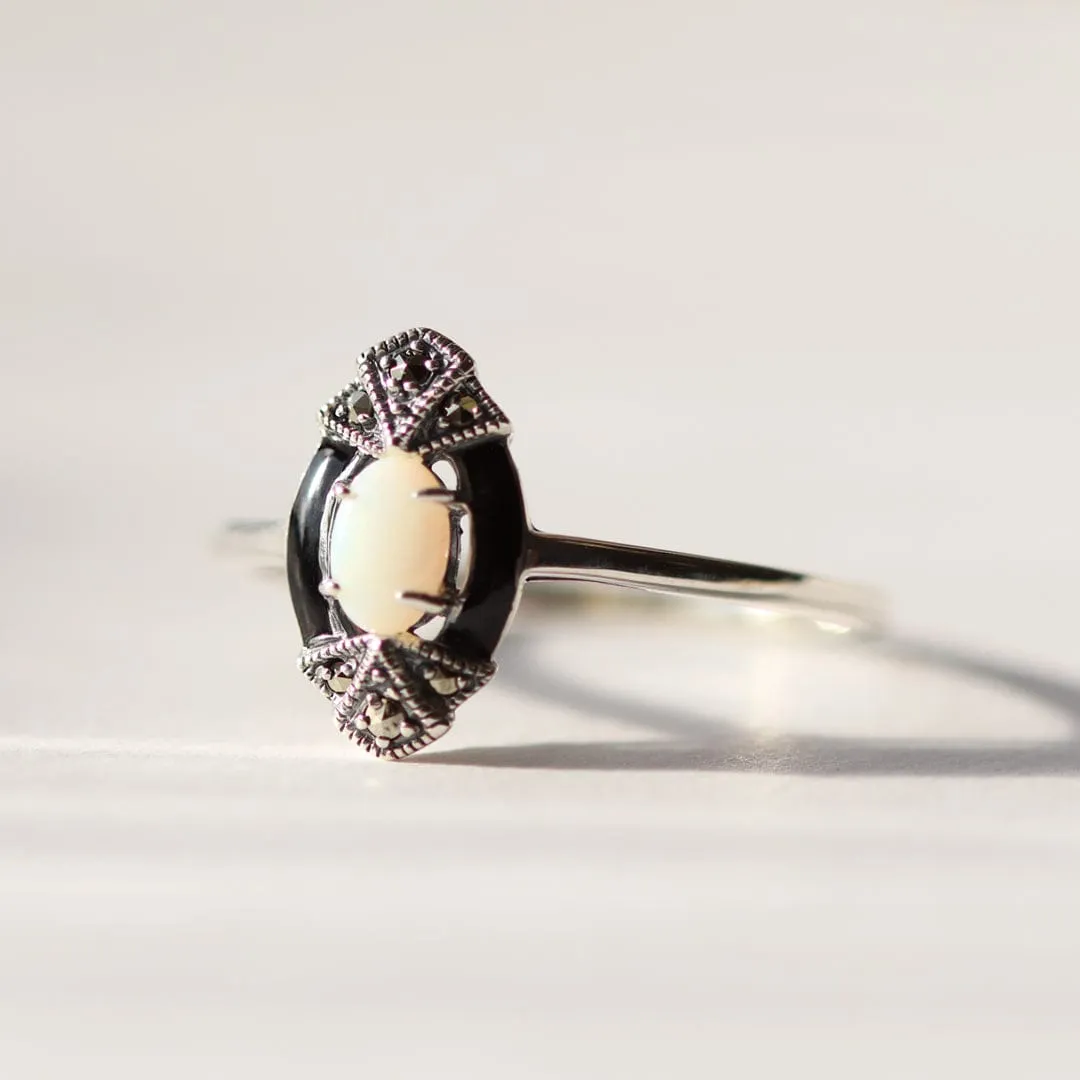 Art Deco Style Oval Opal, Marcasite & Black Enamel Marquise Ring In Sterling Silver sold by Gemondo Jewellery product image thumbnail 2