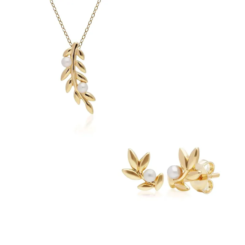 O Leaf Pearl Pendant & Stud Earring Set in Gold Plated 925 Sterling Silver sold by Gemondo Jewellery