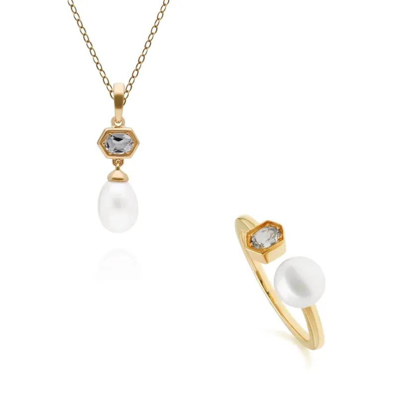 Modern Pearl & Topaz Pendant & Ring Set in Gold Plated Silver sold by Gemondo Jewellery
