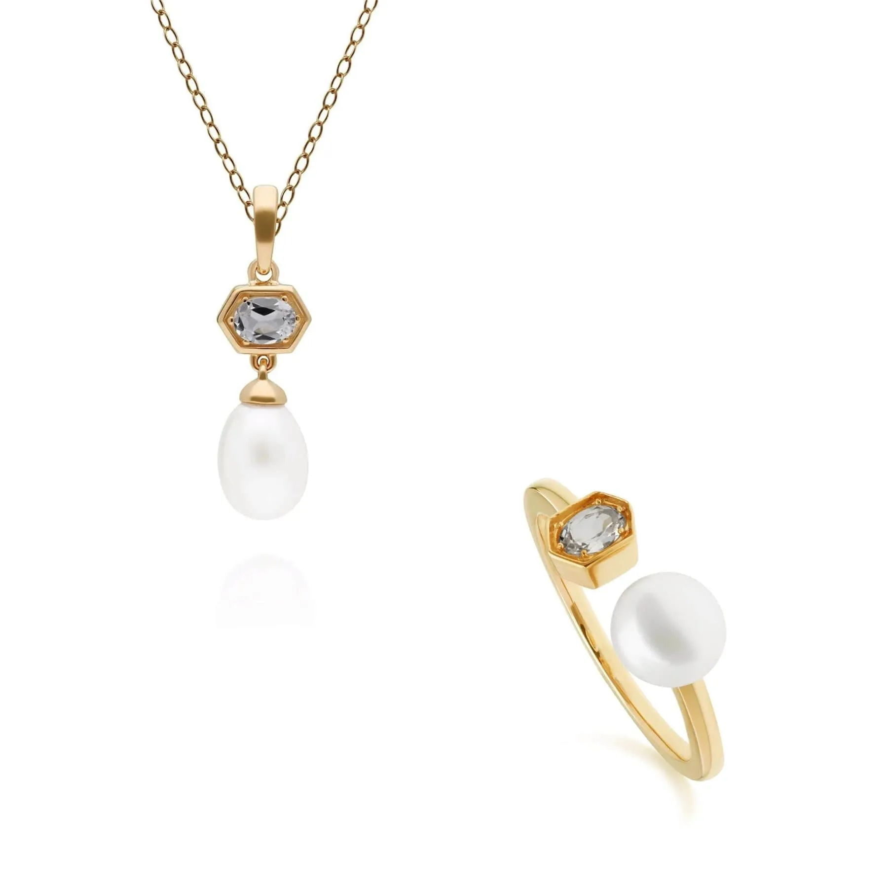 Modern Pearl & Topaz Pendant & Ring Set in Gold Plated Silver sold by Gemondo Jewellery
