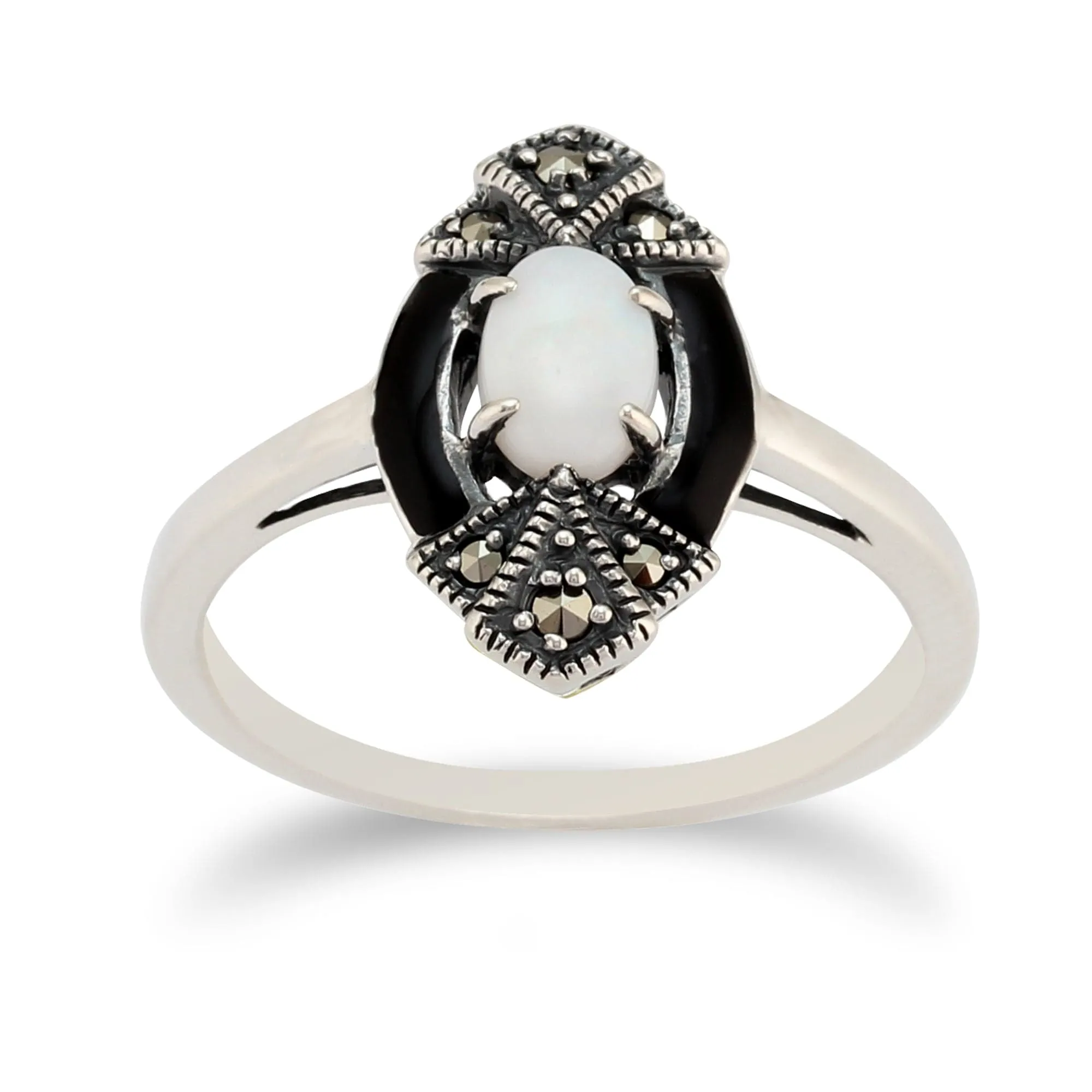 Art Deco Style Oval Opal, Marcasite & Black Enamel Marquise Ring In Sterling Silver sold by Gemondo Jewellery