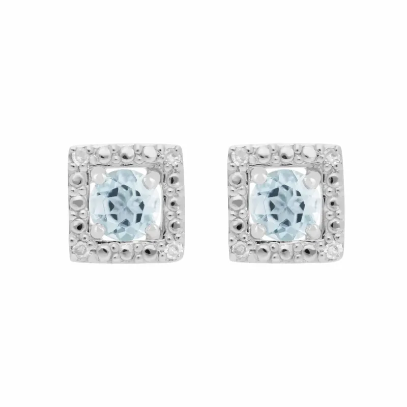 Classic Round Aquamarine Stud Earrings with Detachable Diamond Square Ear Jacket in 9ct White Gold sold by Gemondo Jewellery