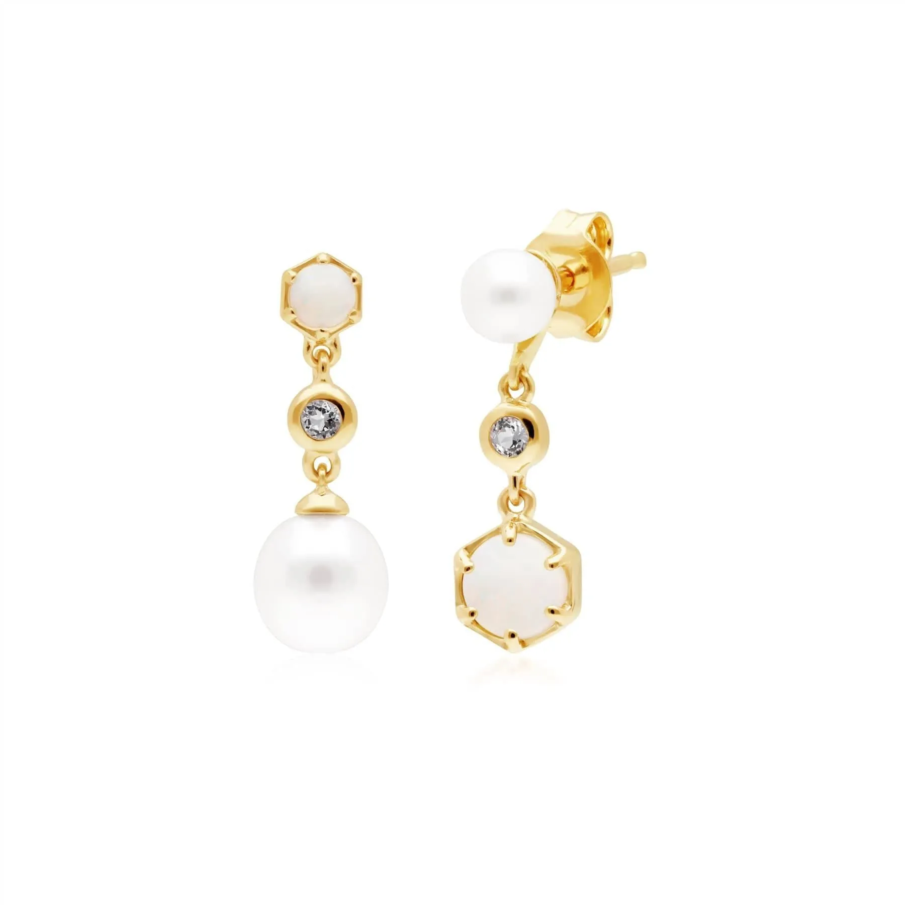 Modern Pearl, Opal & Topaz Mismatched Drop Earrings in Gold Plated Silver sold by Gemondo Jewellery