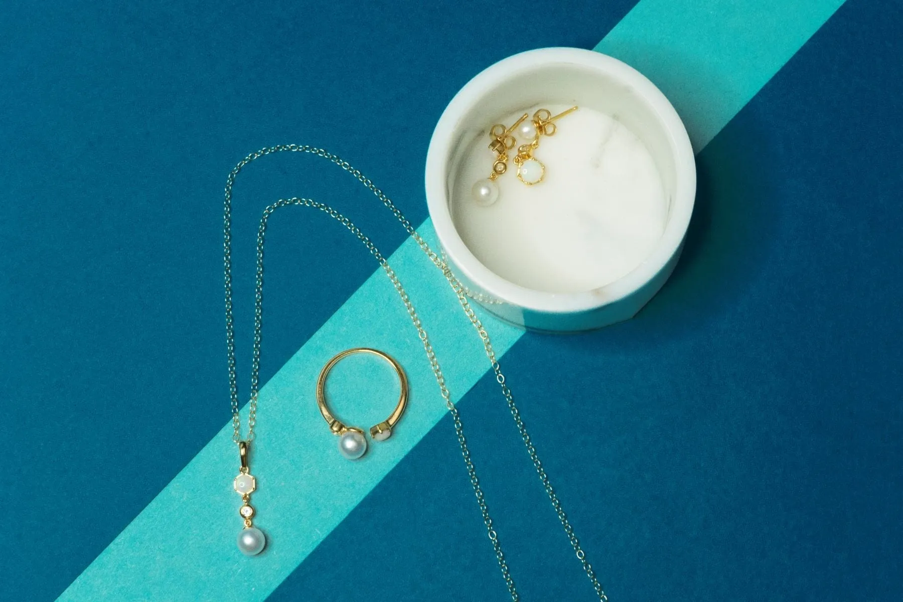 Modern Pearl, Opal & Topaz Mismatched Drop Earrings in Gold Plated Silver sold by Gemondo Jewellery product image thumbnail 3