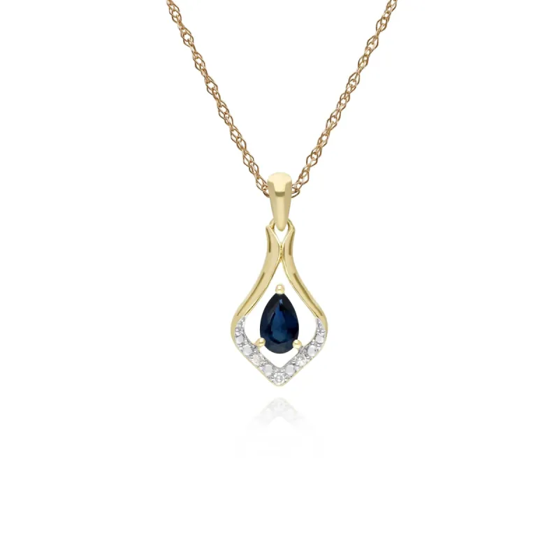 Classic Pear Sapphire & Three Diamond Leaf Halo Pendant in 9ct Yellow Gold sold by Gemondo Jewellery