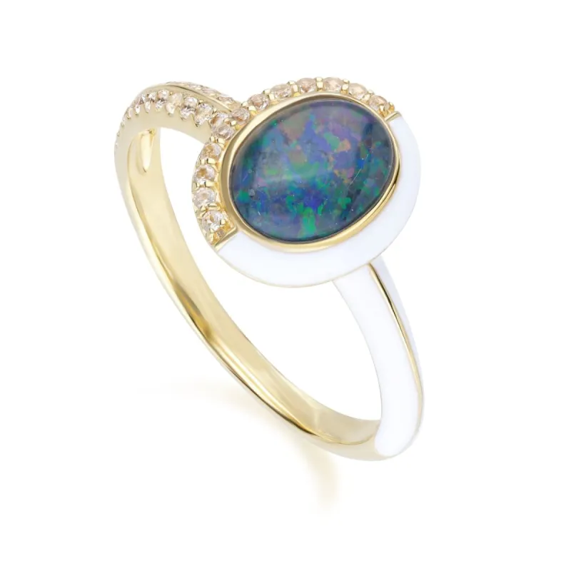 Siberian Waltz Triplet Opal & White Topaz Ring in Gold Plated Sterling Silver sold by Gemondo Jewellery
