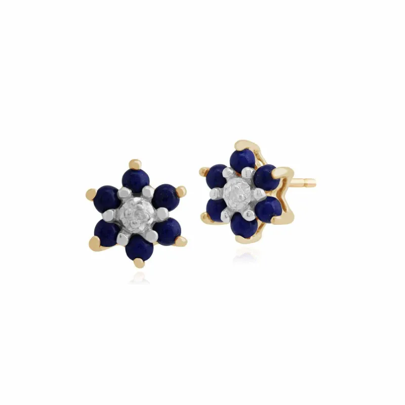 Floral Round Lapis Lazuli & Diamond Cluster Stud Earrings in 9ct Yellow Gold sold by Gemondo Jewellery