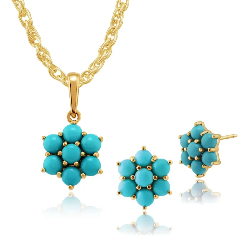 Floral Round Turquoise Cabochon Flower Cluster Stud Earrings & Pendant Set in 9ct Yellow Gold sold by Gemondo Jewellery