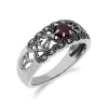 Art Nouveau Style Round Ruby & Marcasite Floral Band Ring in Sterling Silver sold by Gemondo Jewellery