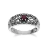 Art Nouveau Style Round Ruby & Marcasite Floral Band Ring in Sterling Silver sold by Gemondo Jewellery