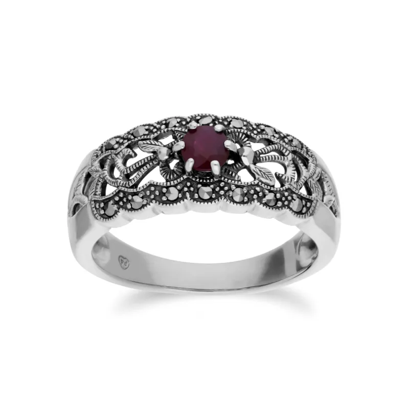 Art Nouveau Style Round Ruby & Marcasite Floral Band Ring in Sterling Silver sold by Gemondo Jewellery