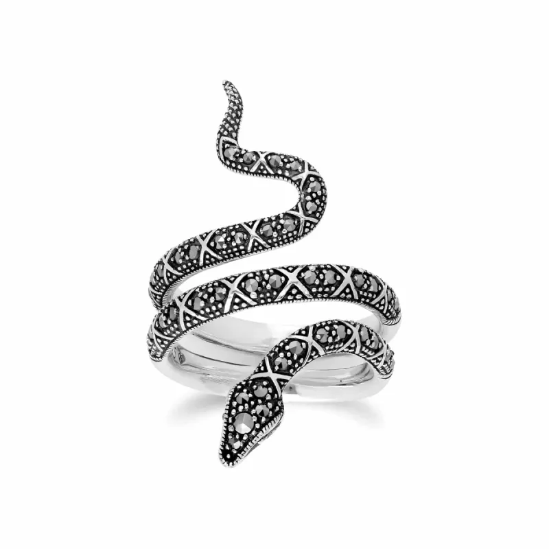 Art Nouveau Style Round Marcasite Snake Statement Ring in 925 Sterling Silver sold by Gemondo Jewellery