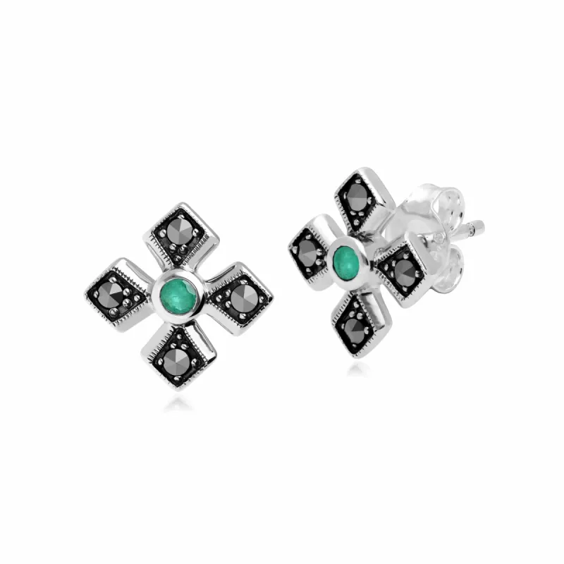 Gemondo Sterling Silver Marcasite & Emerald May Birthstone Earrings sold by Gemondo Jewellery