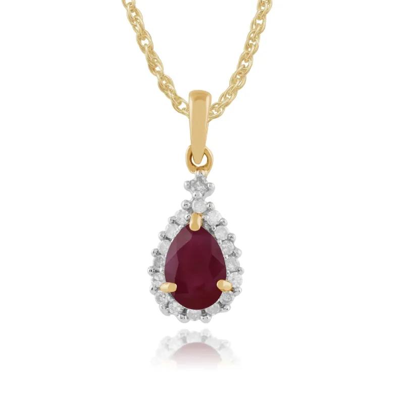 Classic Pear Ruby & Diamond Cluster Pendant in 9ct Yellow Gold sold by Gemondo Jewellery