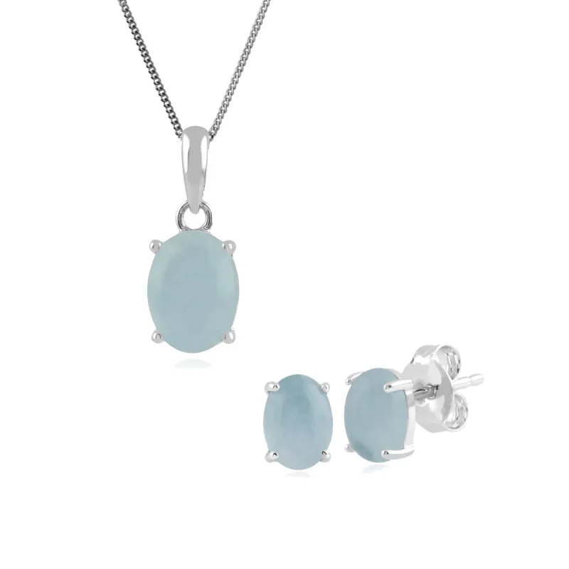 Classic Oval Milky Aquamarine Stud Earrings & Pendant Set in 925 Sterling Silver sold by Gemondo Jewellery