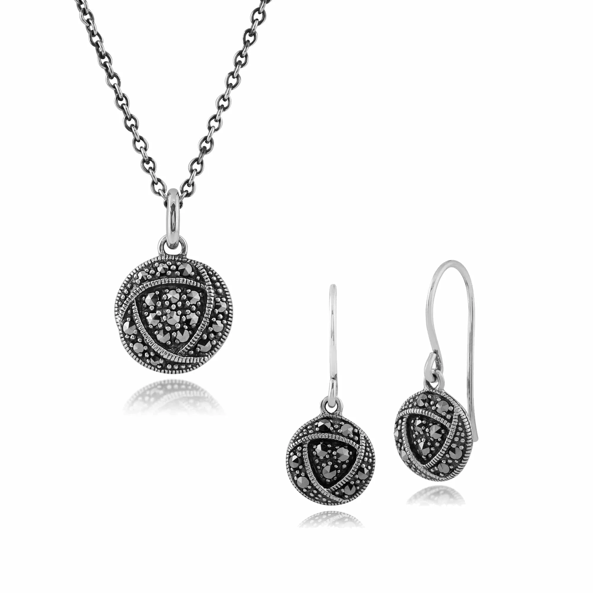 Rennie Mackintosh Inspired Round Marcasite Glasgow Rose Drop Earrings & Pendant Set in 925 Sterling Silver sold by Gemondo Jewellery