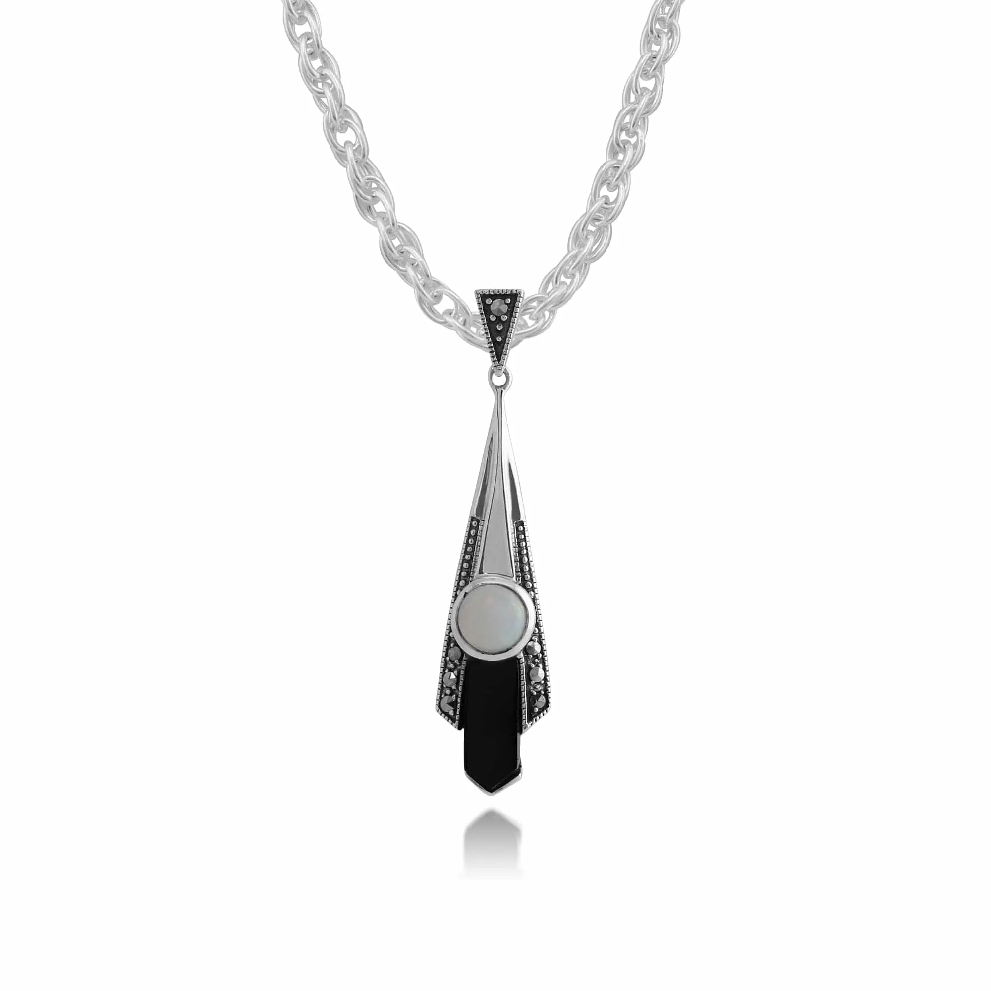 Art Deco Style Round Opal, Black Onyx & Marcasite Fan Drop Pendant in 925 Sterling Silver sold by Gemondo Jewellery