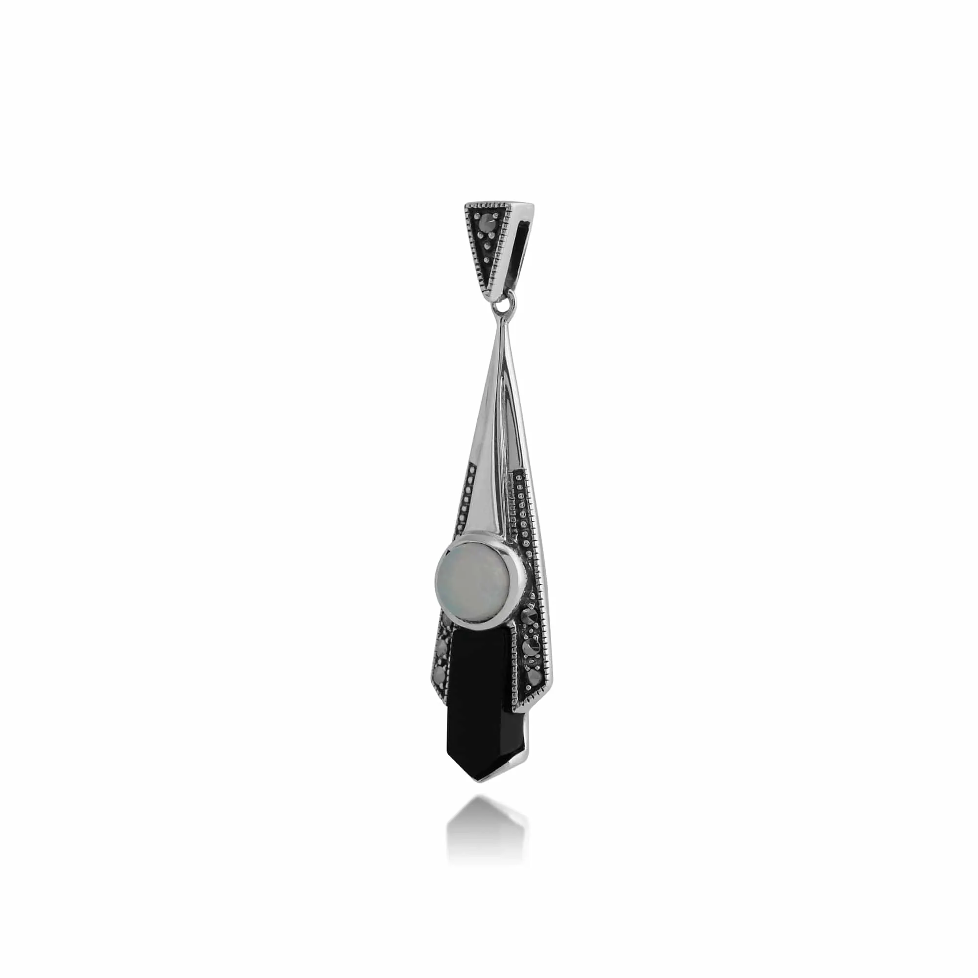 Art Deco Style Round Opal, Black Onyx & Marcasite Fan Drop Pendant in 925 Sterling Silver sold by Gemondo Jewellery product image thumbnail 2