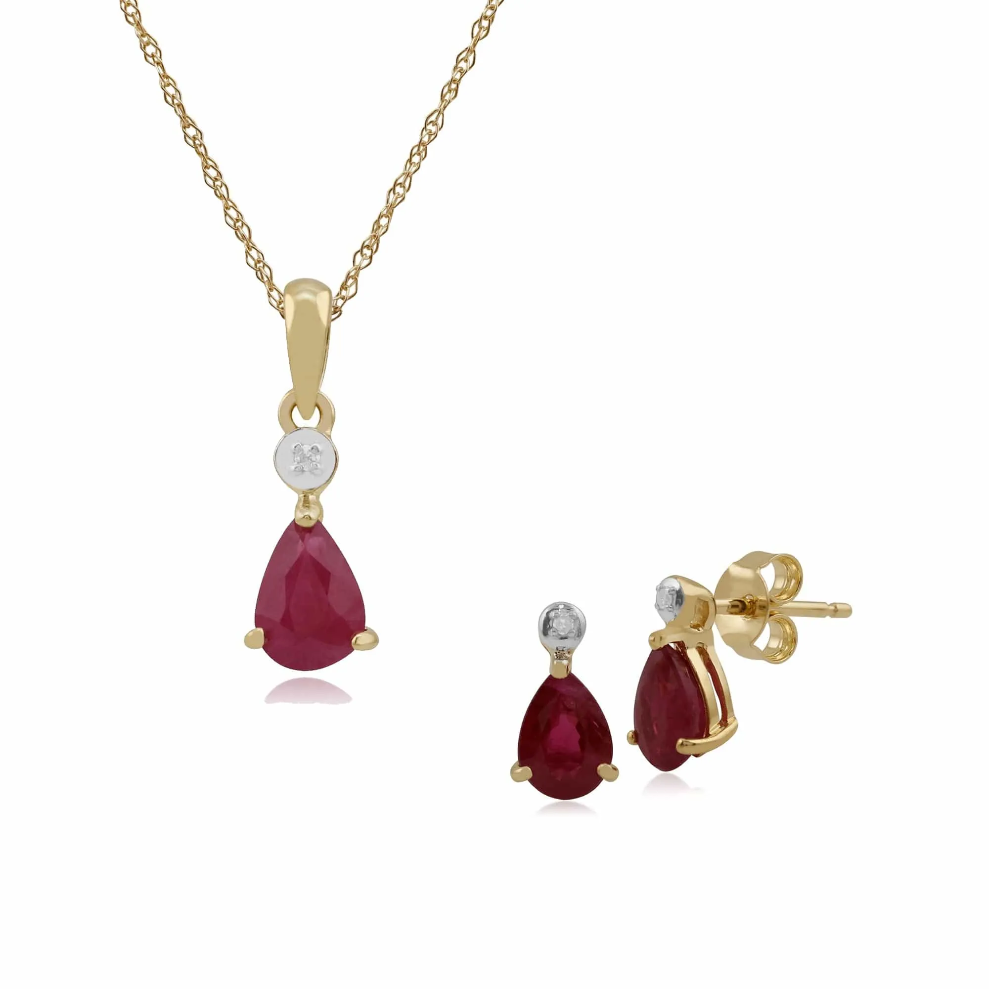 Classic Pear Ruby & Diamond Stud Earrings & Pendant Set in 9ct Yellow Gold sold by Gemondo Jewellery