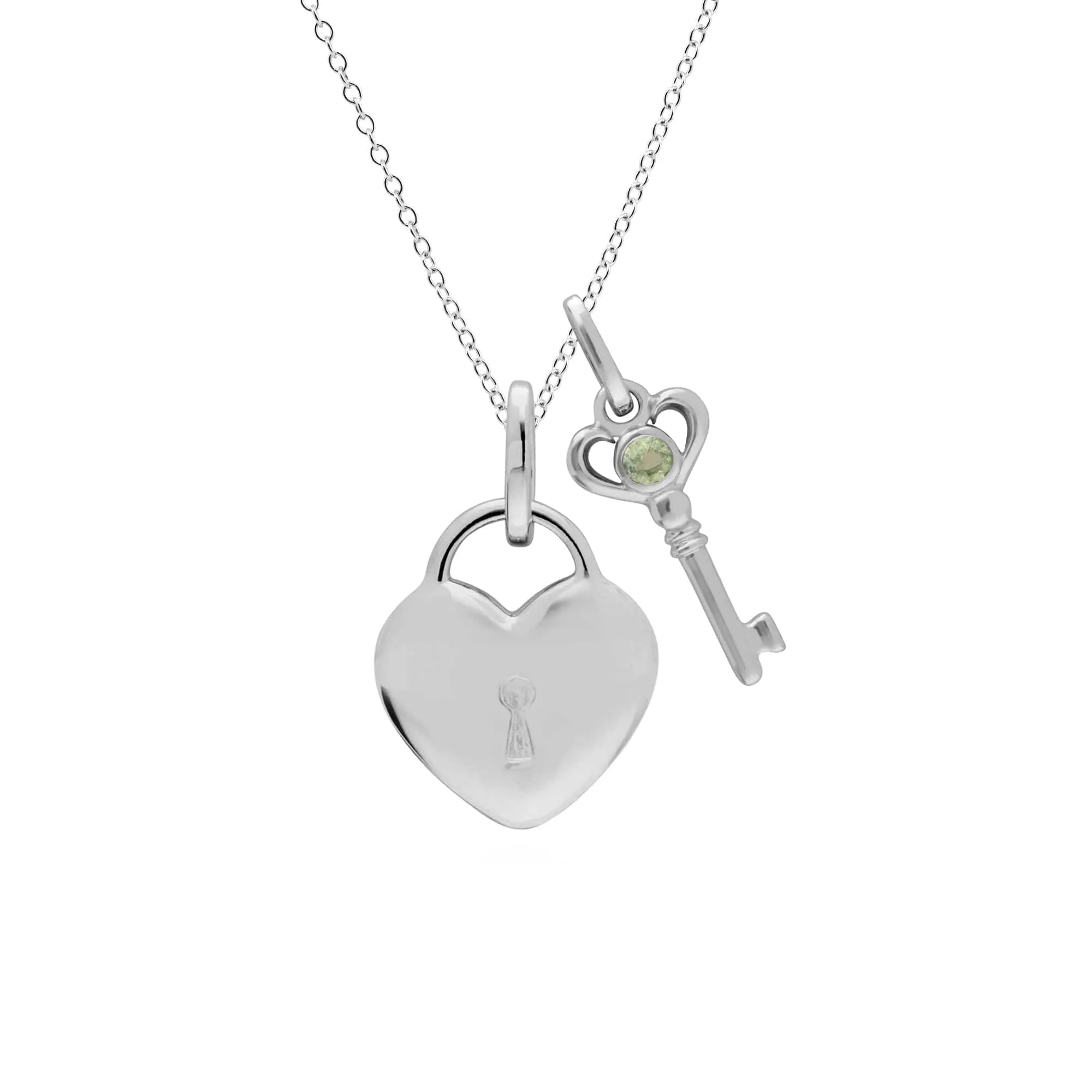 Classic Heart Lock Pendant & Peridot Key Charm in 925 Sterling Silver sold by Gemondo Jewellery