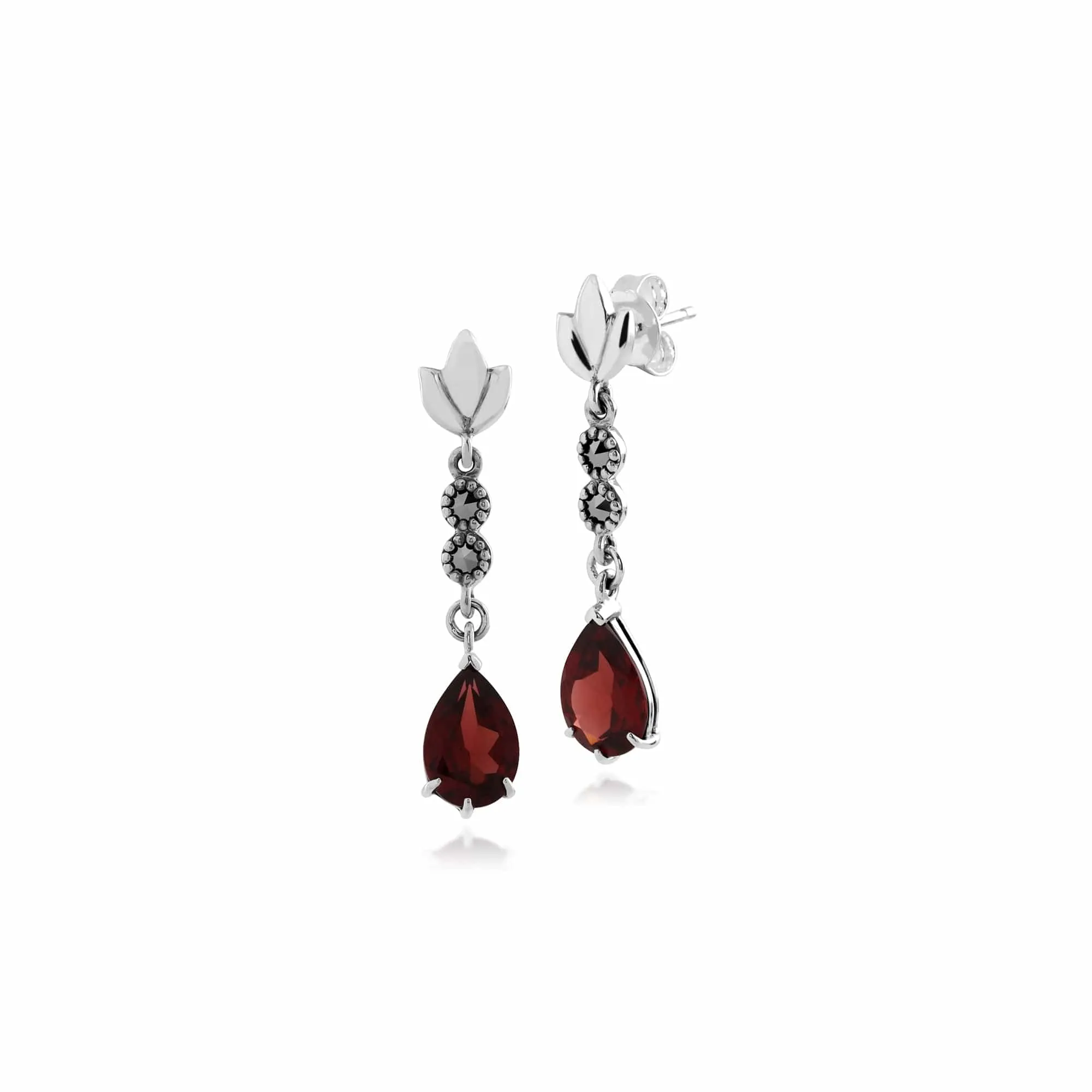 Art Nouveau Style Pear Garnet & Marcasite Drop Earrings in 925 Sterling Silver sold by Gemondo Jewellery