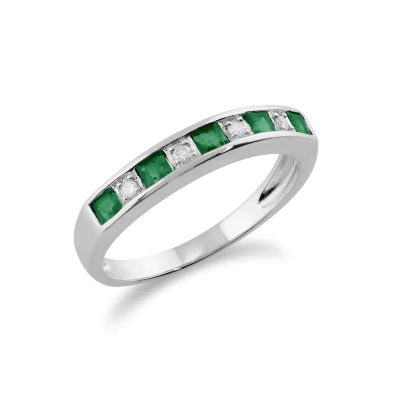 Classic Square Emerald & Diamond Half Eternity Ring 9ct White Gold sold by Gemondo Jewellery