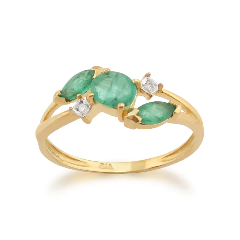 Contemporary Marquise Emerald & Diamond Three Stone Ring in 9ct Yellow Gold sold by Gemondo Jewellery