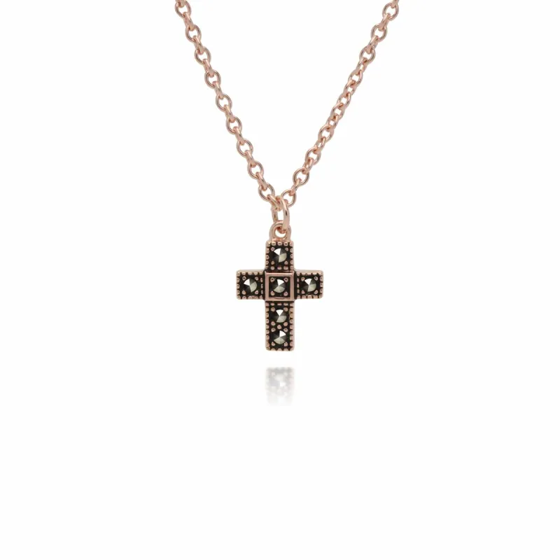 Rose Gold Plated Round Marcasite Cross Necklace in 925 Sterling Silver sold by Gemondo Jewellery