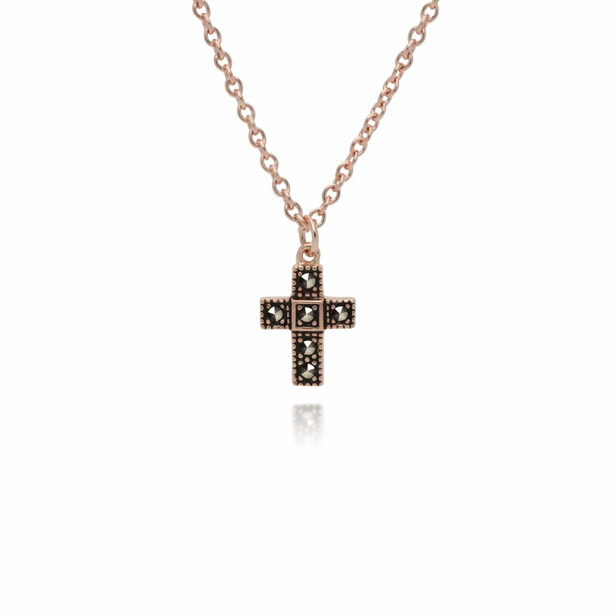 Rose Gold Plated Round Marcasite Cross Necklace in 925 Sterling Silver sold by Gemondo Jewellery