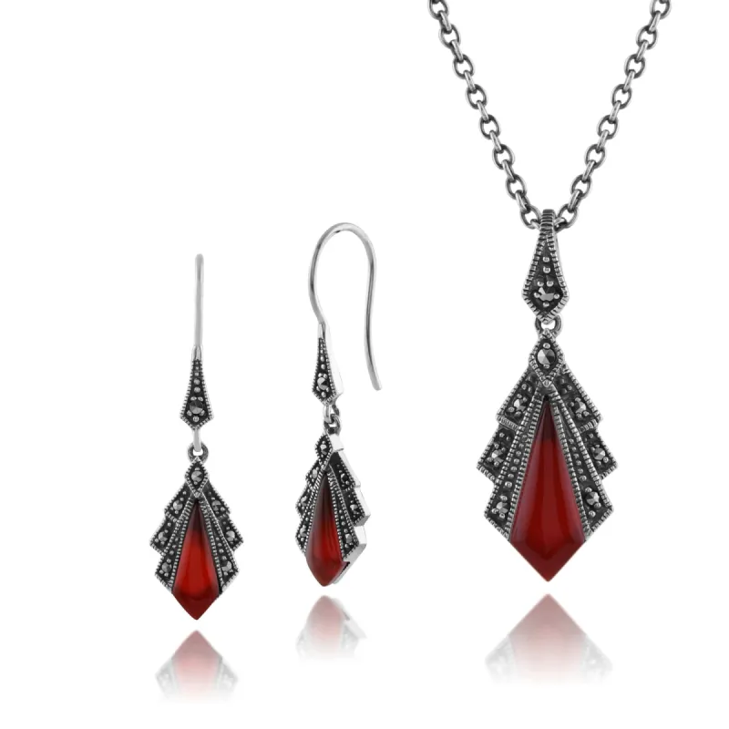 Art Deco Style Style Carnelian & Round Marcasite Fan Drop Earrings & Pendant Set in 925 Sterling Silver sold by Gemondo Jewellery