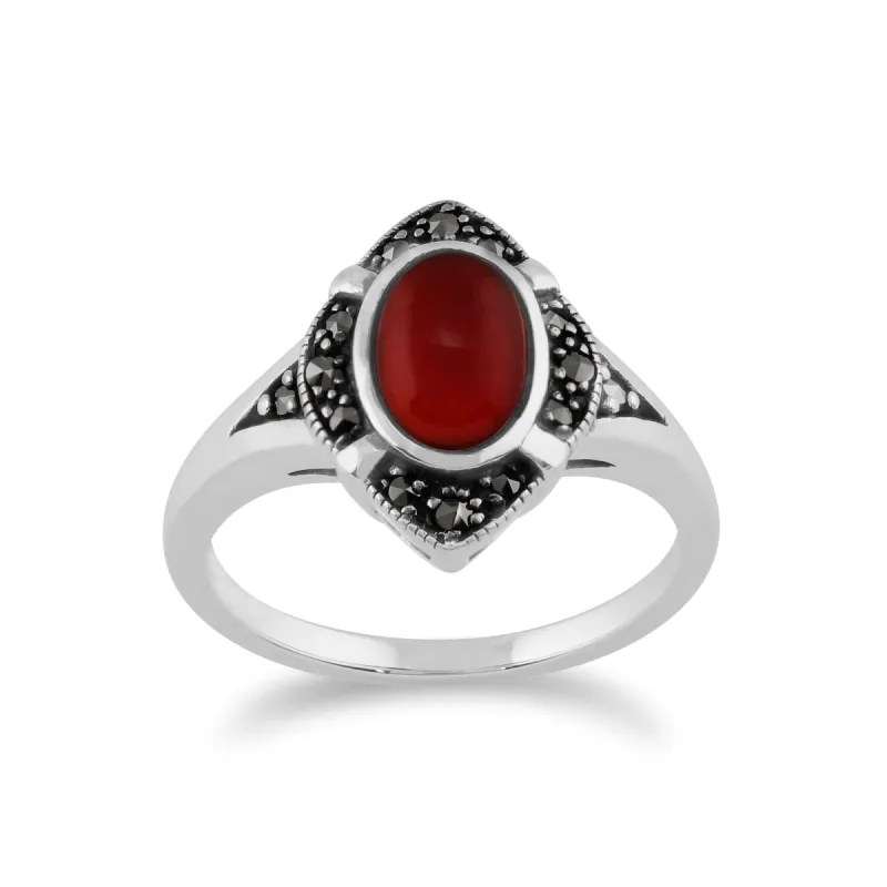 Gemondo 925 Sterling Silver 1.00ct Carnelian & Marcasite Art Deco Ring sold by Gemondo Jewellery