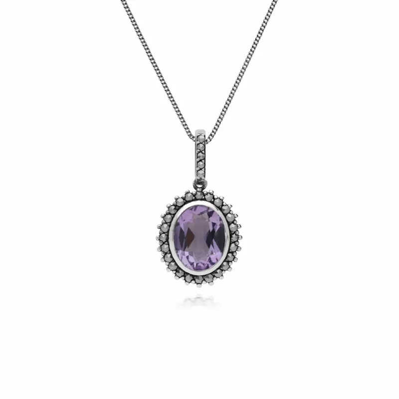 Gemondo Sterling Silver Amethyst & Marcasite Oval Pendant with 45cm Chain sold by Gemondo Jewellery