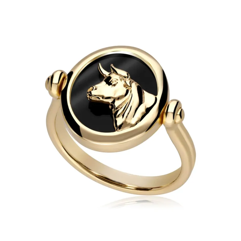 Zodiac Black Onyx Taurus Flip Ring in 18ct Gold Plated Silver sold by Gemondo Jewellery