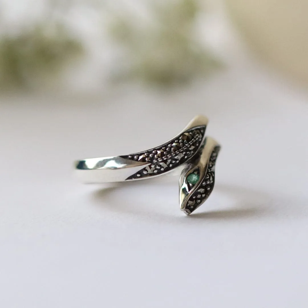 Art Nouveau Style Round Emerald & Marcasite Snake Ring in 925 Sterling Silver sold by Gemondo Jewellery product image thumbnail 4