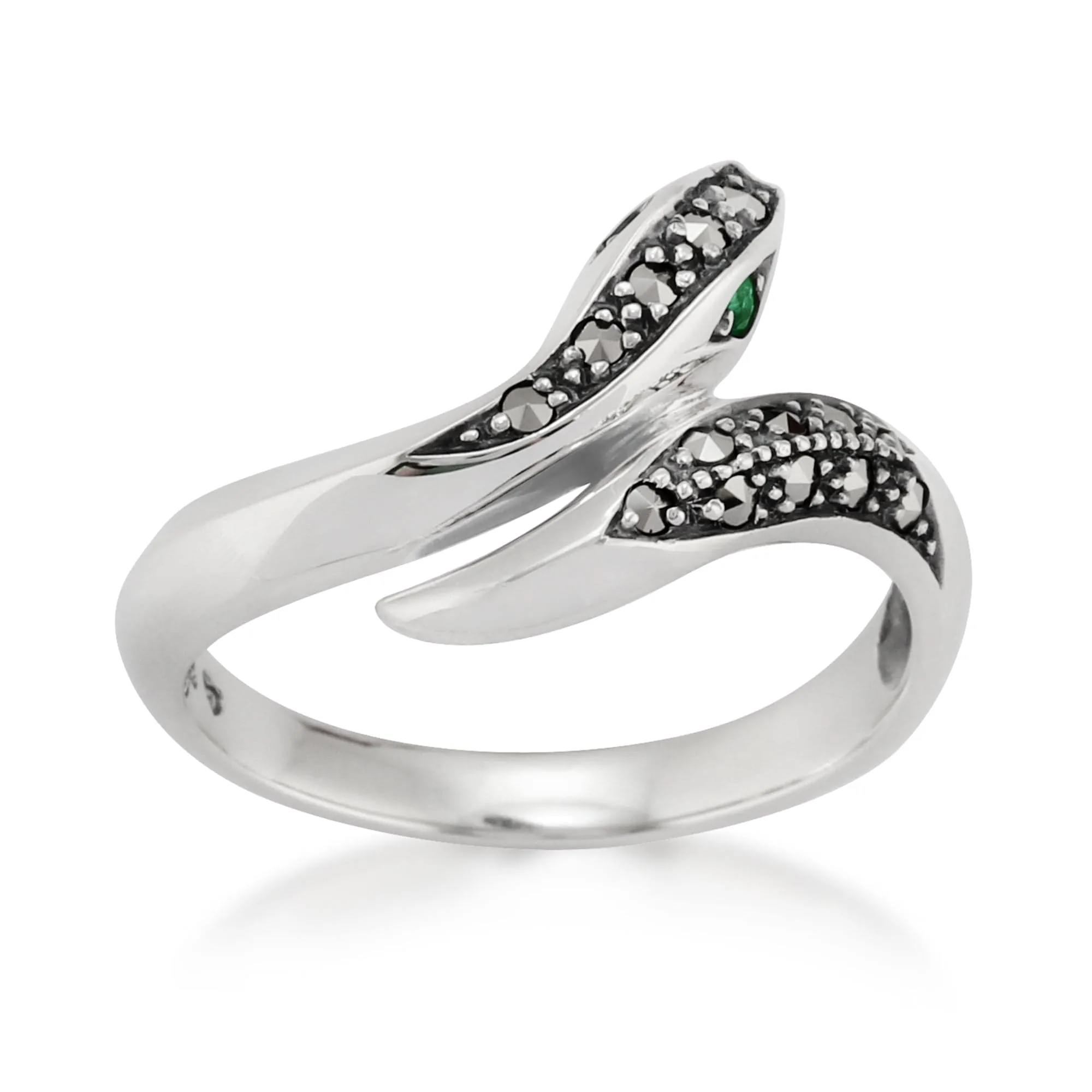 Art Nouveau Style Round Emerald & Marcasite Snake Ring in 925 Sterling Silver sold by Gemondo Jewellery product image thumbnail 5