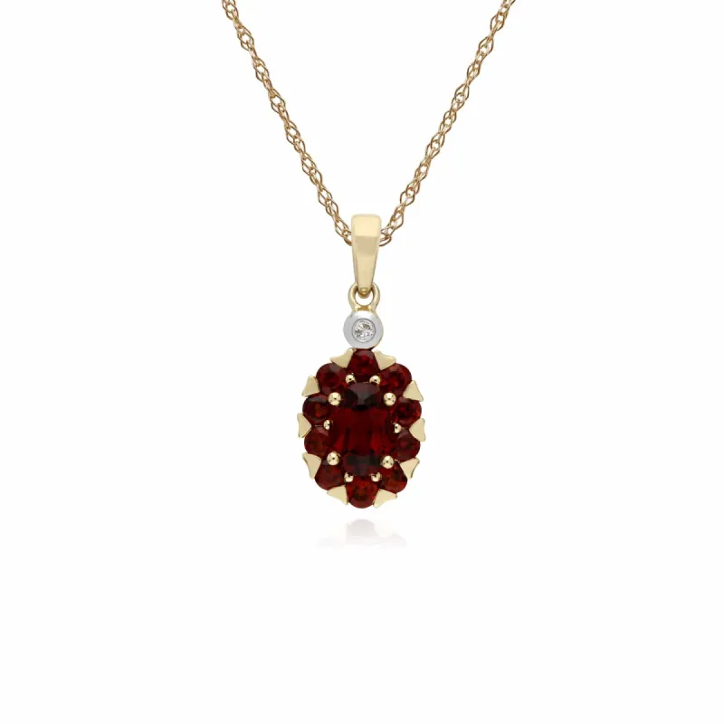 Gemondo 9ct Yellow Gold Garnet & Diamond Oval Cluster Pendant on 45cm Chain sold by Gemondo Jewellery