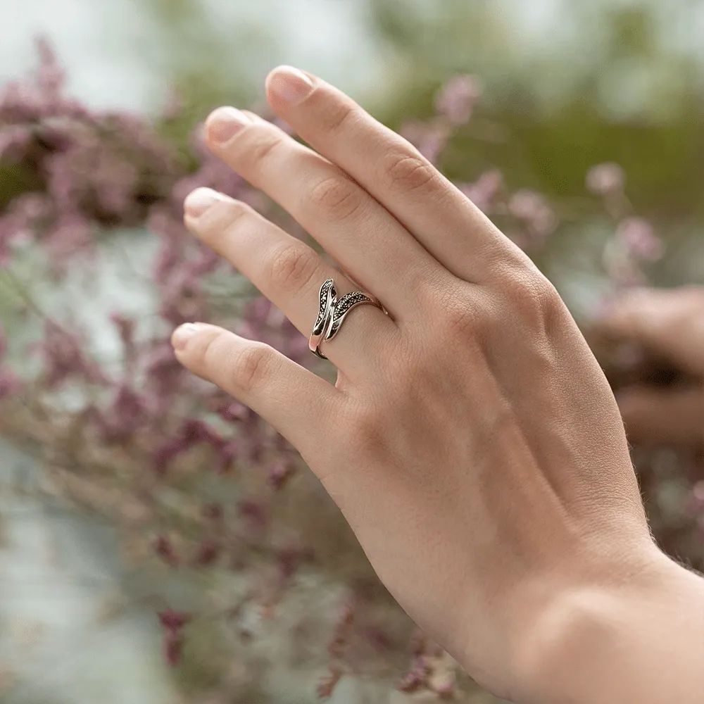 Art Nouveau Style Round Emerald & Marcasite Snake Ring in 925 Sterling Silver sold by Gemondo Jewellery product image thumbnail 2