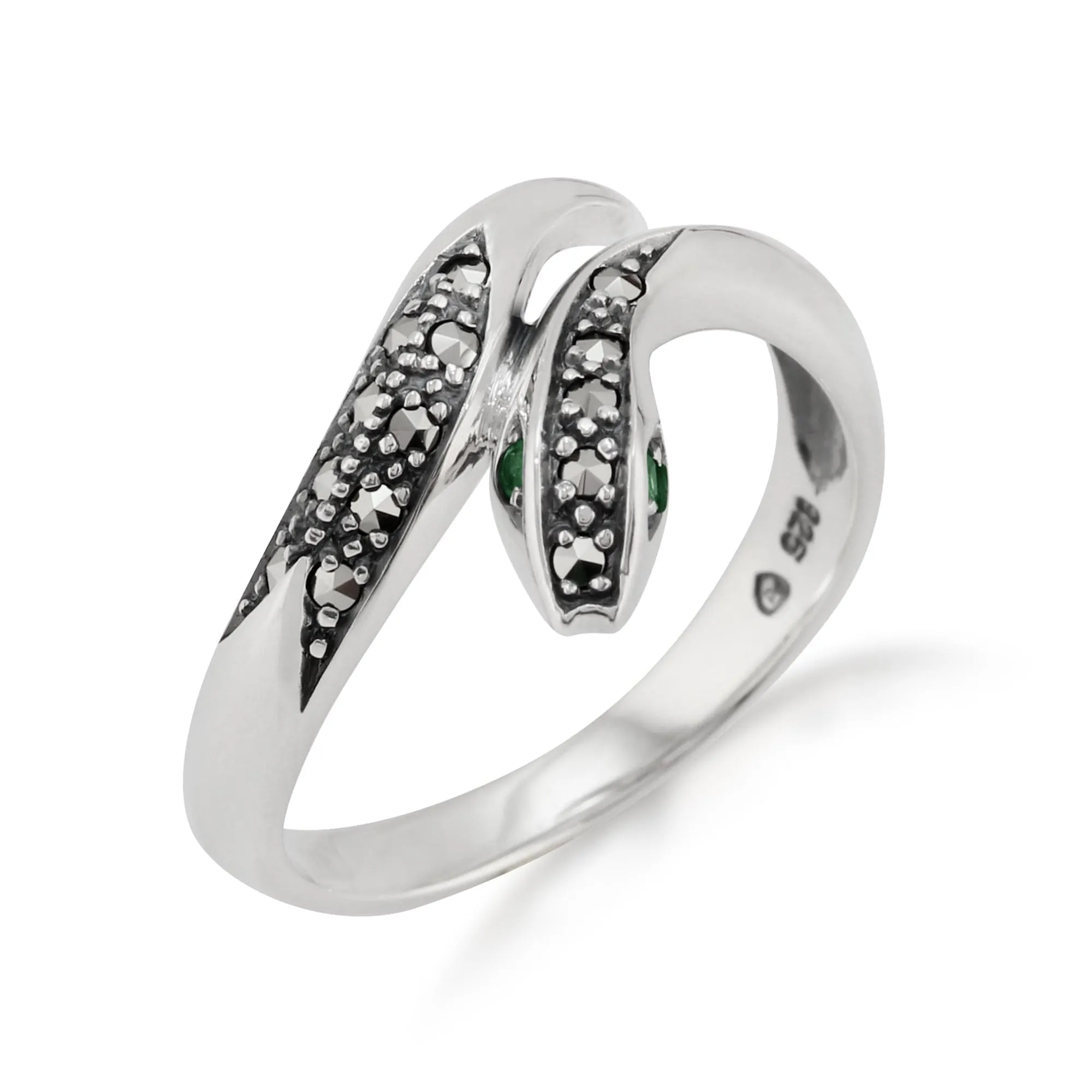 Art Nouveau Style Round Emerald & Marcasite Snake Ring in 925 Sterling Silver sold by Gemondo Jewellery